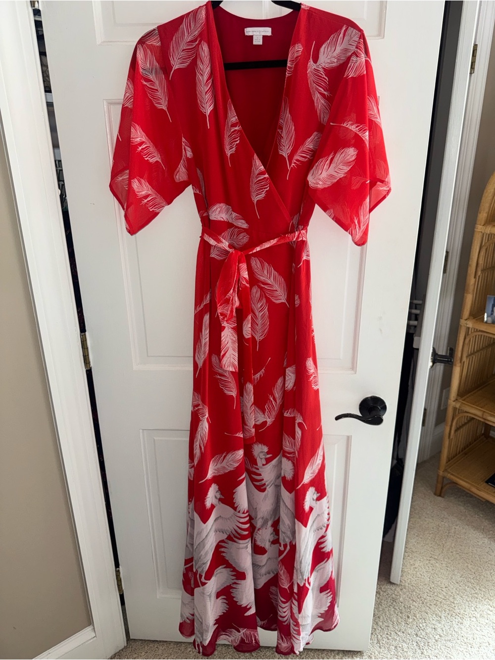 New York & Company Red Feather-Print Wrap Maxi Dress